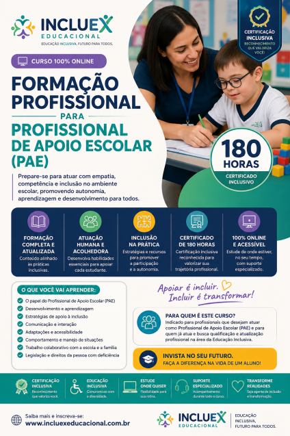 FORMA��O PROFISSIONAL PARA PROFISSIONAL DE APOIO ESCOLAR (PAE) 180 horas